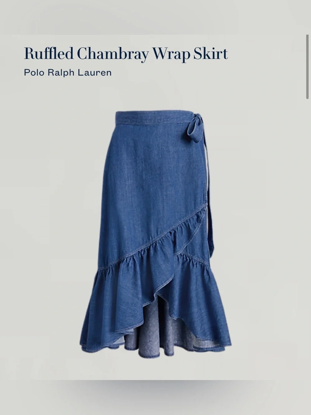 Polo Ralph Lauren Ruffled Chambray Wrap Skirt Blue Denim High-Low Size 12 euc - Picture 2 of 13